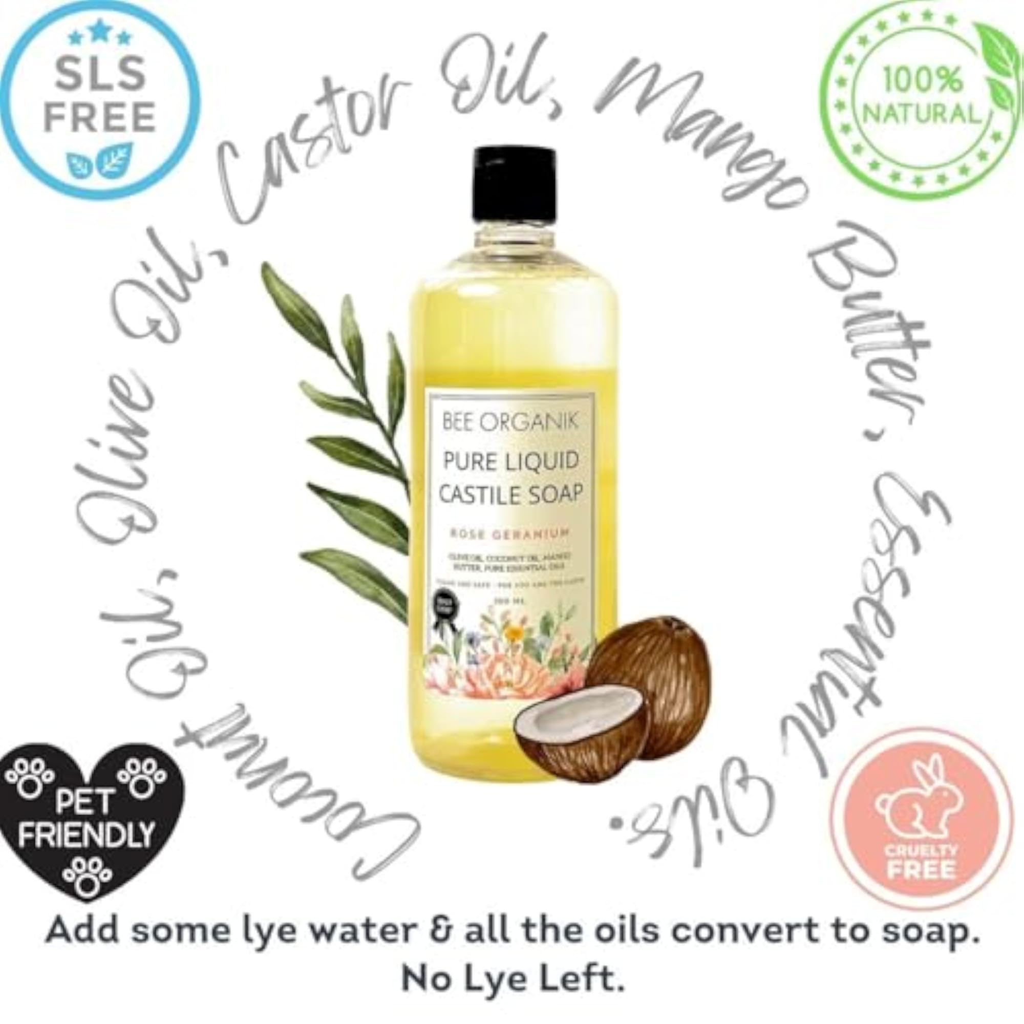 Pure Liquid Castile Soap Rose Geranium 500ml, Multi-Purpose